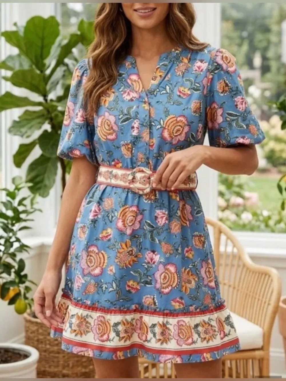 Joie Blue Pink Floral Print Complimentary Hem Puff Sleeve A Line Mini Dress NEW